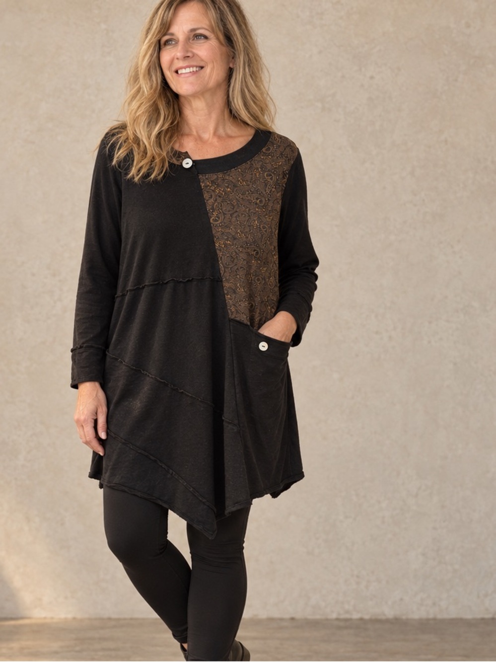 Neon Buddha Cherie Patchwork Tunic Dress Black Brown XL, 100 percent cotton